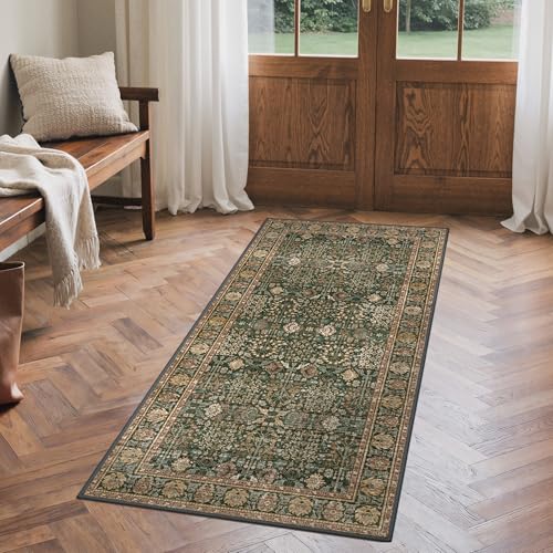 2'6" x 5' Kitchen Runner Rug, Washable Non Slip, Dark Green Brown | Vintage Floral, Spill Resistant, Lightweight Low Pile Carpet for Hallway, Bedroom, Laundry Room and Bathroom - color: Dark Green Brown, size: 2'6" x 5' (Rectangular)