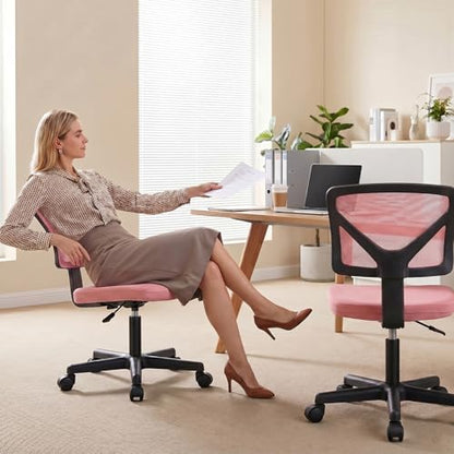 OLIXIS Armless Home Office Chair, Ergonomic Small Desk Chair | Mesh Back, Removable Washable Foam Cushion, Height Adjustable, Rolling Swivel Wheels, Small Space, Pink - color: Pink