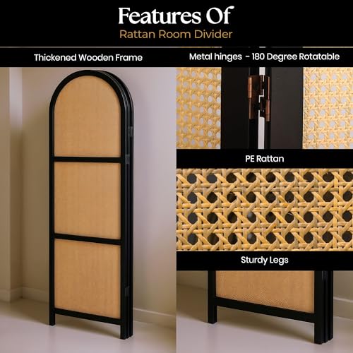 ELK & ELDER 3-Panel Room Divider | Folding Privacy Screen with Arched Dark Wood Frames and Light Woven Panels | Portable Divider for Home,Office, Living Room, Bedroom | 66" H x 56" W |Dark Wood/Beige