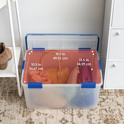 IRIS USA 3-Pack 60 Qt Storage Bins with Gasket Lids, Clear/Blue | WeatherPro seal helps protect bulky items for moving, garage, attic and basement storage - size: 60 Qt. - 3 Pack