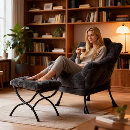 Modern Lazy Chair with Ottoman Lounge Accent Reading Chair for Living Room | Foldable Footstool,Removable Cover,Soft Padded Seat & Backrest,Upholstered Comfy Chair for Bedroom,Dorm,Office,Small Space - color: Plush Dark Grey