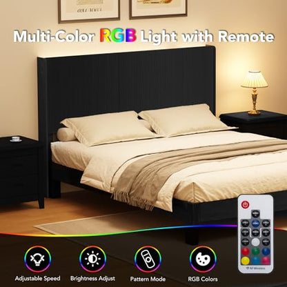 King Size Headboard with Outlets&Lighting, Black 80" W Headboard Only, Mid Century Modern Freestanding Fluted Headboard Noise-Free with Storage - color: Black, size: King