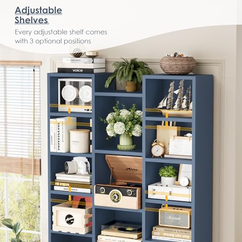 FOTOSOK 71'' H Bookshelf with 21 Cubes, Triple Wide Tall Bookshelf Blue | 8 Tier Bookcase with 8 Adjustable Shelves, Large Bookshelf DVD/CD Media Tower Storage, Freestanding Display Shelf Cabinet - color: Blue