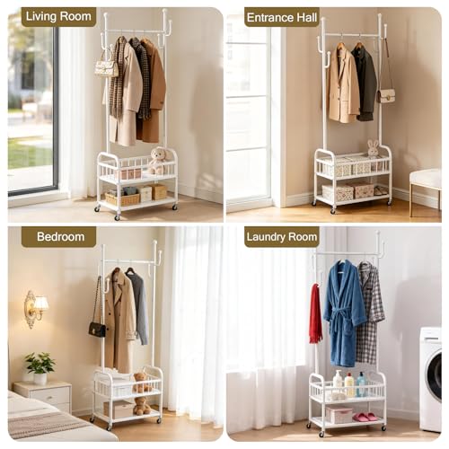 Free Standing Rolling Clothes Rack with Wheels Shoe Storage - White | Small Narrow Cloth Hanger Garment Rack for Bedroom Livingroom Lab Dress Shirt Rack with Metal Basket and Shoe Storage Shelves - color: White-2 Tier