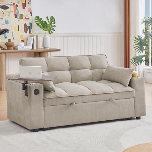 65" Cloud Couch Sleeper Sofa Bed with USB Charging Port & Side Pocket, Chenille Fabric Pull-Out Sofa with Thick Cushions, High Resilience Foam & Pillows for Living Room, Apartment, Small Spaces - color: C-brown