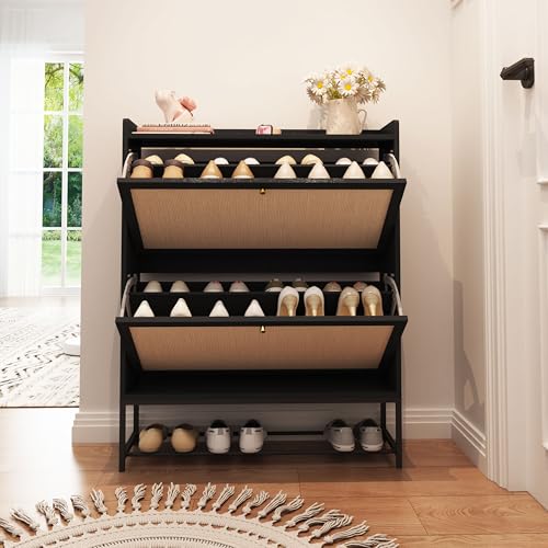 Narrow Shoe Storage Cabinet for Entryway with 2 Flip Drawers, Black | Freestanding Narrow Shoe Cabinet with Natural Linen Panel, Slim Wood Shoe Organizer Closed Shoe Rack for Hallway, Foyer - color: Black, size: 2 Drawers Standard