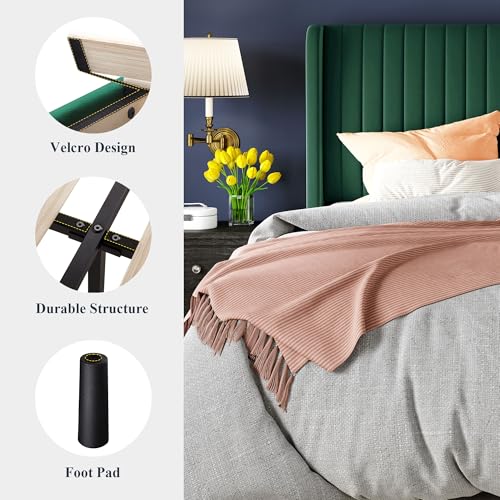 Allewie Full Size Bed Frame/Velvet Upholstered Platform Bed/Vertical Channel Tufted Wingback Headboard/Strong Wooden Slats/No Box Spring Needed/Easy Assembly/Green - color: Green, size: Full