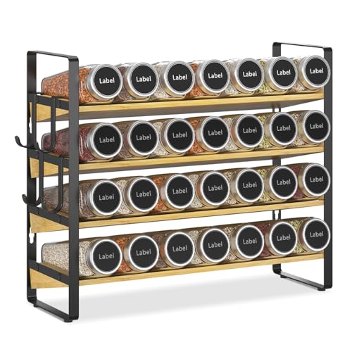 EsLuker.ly Spice Seasoning Rack Organizer Kitchen Countertop, 4 Tier Bamboo | Spice Shelf Holder Storage with 4 Hooks, Wall Mounted Freestanding Stand for Pantry, Quick Spice Access(Jars Not Included) - color: Matte Black+Bamboo