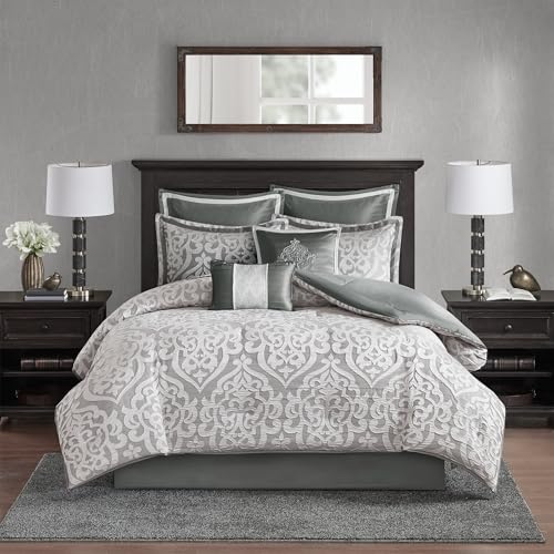 Madison Park Odette Cozy Comforter Set Jacquard Damask Medallion Design - Modern All Season, Down Alternative Bedding, Shams, Decorative Pillows, Queen(90 in x 90 in), Silver 8 Piece | All Season Down Alternative Bedding with Comforter, Shams, Bed Skirt,