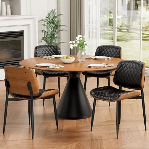 Dining Chairs Set of 2, Mid-Century Modern Upholstered PU Leather Chairs | with Walnut Back and Metal Legs Adjustable Feet for Kitchen Dining Room, Black Diamond Plaid - color: Black Diamond Plaid