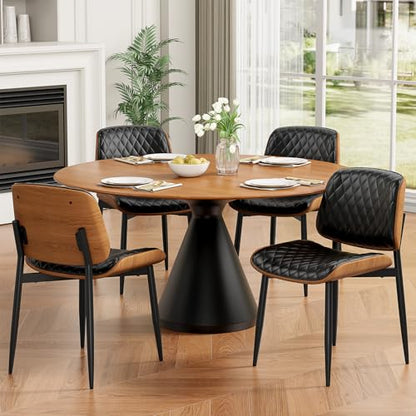 Dining Chairs Set of 2, Mid-Century Modern Upholstered PU Leather Chairs | with Walnut Back and Metal Legs Adjustable Feet for Kitchen Dining Room, Black Diamond Plaid - color: Black Diamond Plaid
