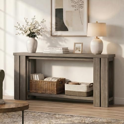70.9 Rustic Grey Farmhouse Console Sofa Table Behind Couch Entryway Wood | Thick 2-inch engineered wood tabletop with embossed texture