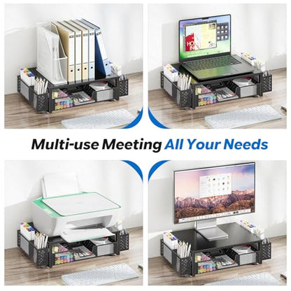 Simple Trending Desk Organizer, Computer Monitor Stand Riser, Black | Metal Laptop & Printer Stand, Desktop Organizer with Drawer & 2 Pen Holders, Anti-Slip Pads, 18.5"W x 9.5"D x 4.75"H - size: 18.5"W x 9.5"D x 4.75"H