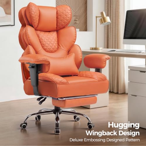 COMHOMA Big and Tall Office Chair with Upgrade Footrest, Heavy Duty Gaming Chair High Back Executive Chair with Spring Lumbar Support for Lower Back Pain Relief, 150°Reclining Adjustable Armrests - color: Orange