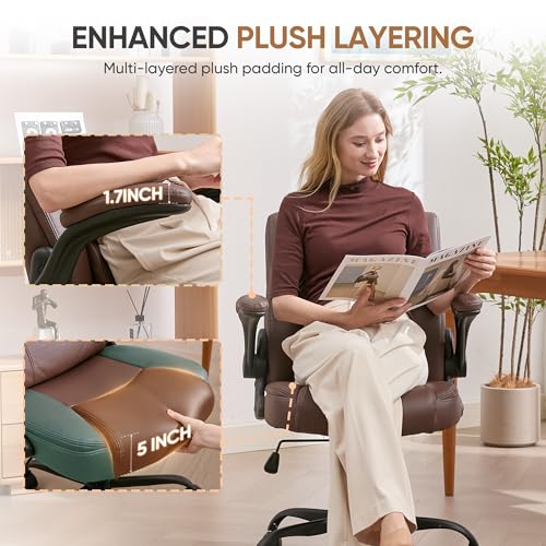 Home Office Chair with Lumbar Support, 5" Thickened Seat, Small PU Leather Rocking Desk Chair, Comfy Computer Chairs with Rolling Wheels & Adjustable Armrests for Adults, Brown - color: Brown