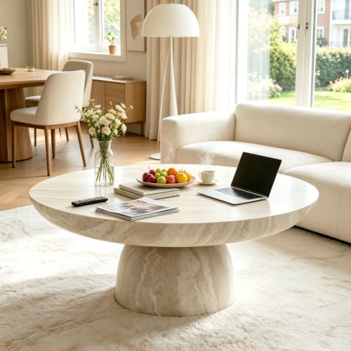 35.43" Round Faux Marble Coffee Table with Base (35.43"x13.77") | Faux Marble Center Table Concrete Coffee Table Travertine Accent Table Stone Coffee Table Living Room Furnitures - color: Mars,ø35.43" X 13.8",pedestal