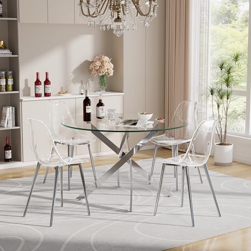 Baysitone Clear Dining Chairs Set of 4, Modern Kitchen Chairs with Transparent Seat, Acrylic Accent Side Chairs with Metal Legs for Dining Room, Kitchen, Living Room with Silver - color: Silver, size: Set of 4
