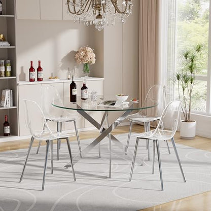 Baysitone Clear Dining Chairs Set of 4, Modern Kitchen Chairs with Transparent Seat, Acrylic Accent Side Chairs with Metal Legs for Dining Room, Kitchen, Living Room with Silver - color: Silver, size: Set of 4