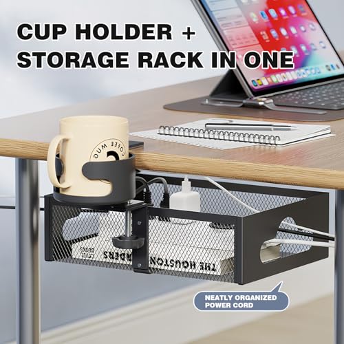 Cup Holder Under Desk Drawer 360° Swivel C-clamp Mounting Mesh Storage Box Spill-proof Easy Install Table Management Tray