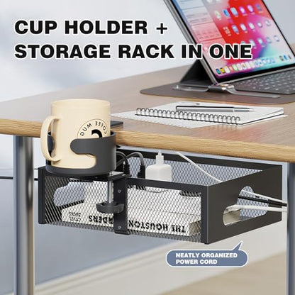 Cup Holder Under Desk Drawer 360° Swivel C-clamp Mounting Mesh Storage Box Spill-proof Easy Install Table Management Tray
