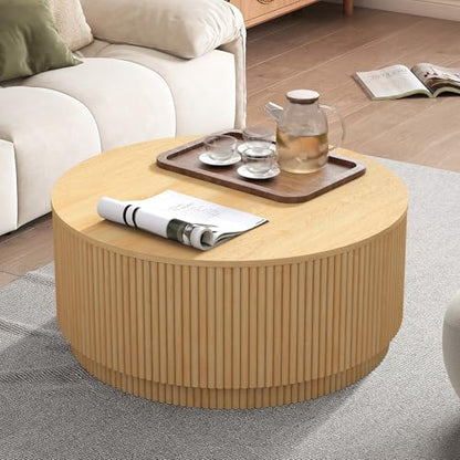LEVNARY 31.5" Round Coffee Table with Storage, Boho Coffee Tables with Fluted Base, Wooden Circle Accent Center Table for Living Room Small Space Apartment Office (Natural) - color: Natural 31.5" Round Flip-top