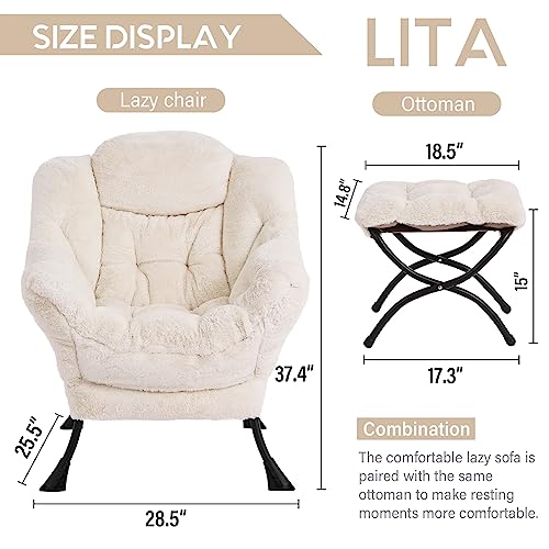 Lazy Chair with Ottoman, Modern Accent Leisure Upholstered Sofa Chair, Lounge Reading Chair with Armrests and a Side Pocket for Living Room, Bedroom & Small Space, Plush Beige | Foldable Footrest,Removable Cover,with Armrests and Side Pockets,Upholstered