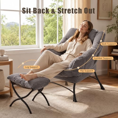 Lazy Chair with Ottoman, Modern Skinny Lounge Chair with Footrest | Foldable Footrest, Padded & Backrest with Side Pocket, Comfy Accent Reading Chair for Living Room & Small Spaces, Dark Gray - color: Dark Gray