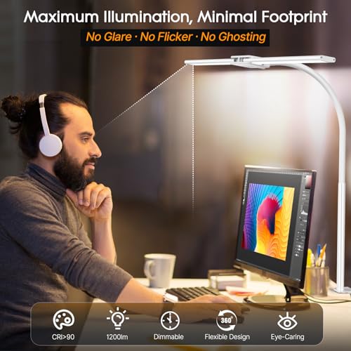Syrinx LED Desk Lamp, Double Head Gooseneck Desk Lamps for Home Office with Gesture Switch & Wired Control, 12W Bright Modern Desk Light Eye-Caring Office Desk Lamp with Clamp for Crafting Reading