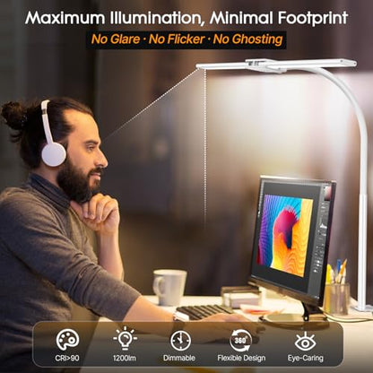 Syrinx LED Desk Lamp, Double Head Gooseneck Desk Lamps for Home Office with Gesture Switch & Wired Control, 12W Bright Modern Desk Light Eye-Caring Office Desk Lamp with Clamp for Crafting Reading