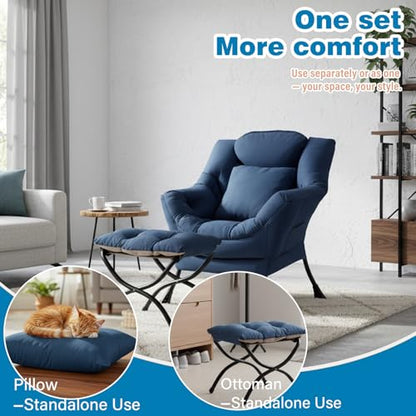 Lazy Chair with Ottoman, Comfy Reading Chair for Bedroom, Blue | Comfy Bedroom Accent Chair with Washable Removable Cover and extra throw pillow for Living Room Dorm - color: Peach Royal Blue