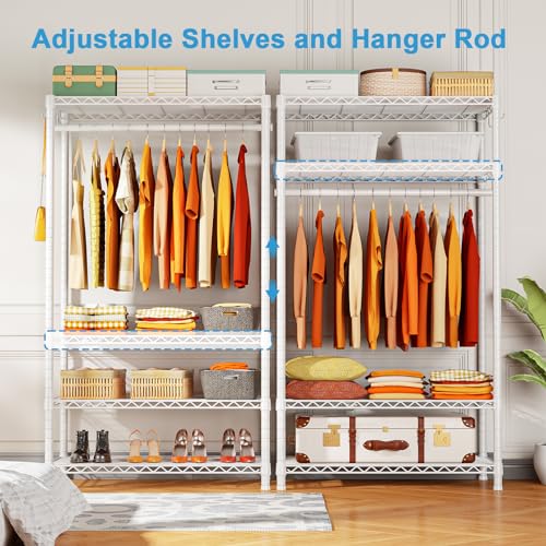 H4 Portable Closets, 4-Tier Metal Clothes Garment Rack for Bedroom and Cloakroom, Clothing Closet Storage and Organizer Wardrobe, 35.4" W x 14" D x 76.4" H, White | White Freestanding Clothing Closet Storage and Organizer Wardrobe for Apartment and Cloakr