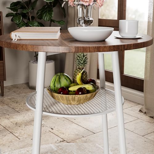 3-Piece Round Bar Table Set with Backrest & Partition, Counter Height Small Dining Table for 2, Includes 2 Foldable Stools, Sturdy MDF & Steel Frame for Kitchen/Dining Room (Brown+White) - color: Brown+white