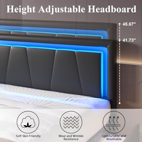 Full Size Bed Frame with 4 Storage Drawers, Upholstered Headboard, Black | Modern Bed, Charging Station, LED Light, Adjustable Height Headboard, Noise-Free, No Box Spring Needed, Easy Assembly - color: Black, size: Full