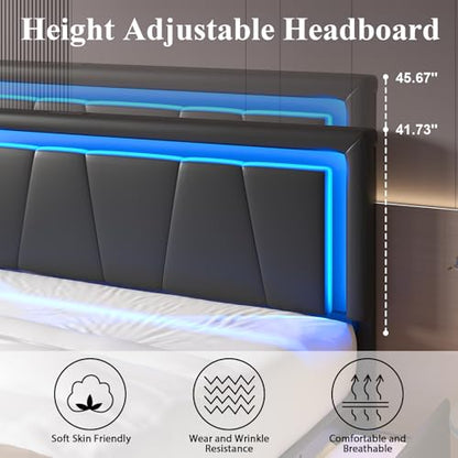 Queen Size Bed Frame with 4 Storage Drawers, Upholstered Headboard, Black | Modern Bed, Charging Station, LED Light, Adjustable Height Headboard, Noise-Free, No Box Spring Needed, Easy Assembly - color: Black, size: Queen