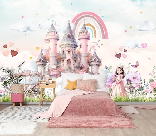 XMPMBM-Peel and Stick Princess Wallpaper Pink Cartoon Castle wall Mural | Thick and tear-resistant,Will not be damaged during repositioning,girly princess girls room wallpaper.S-80"X58" - color: M04, size: 80"x58"
