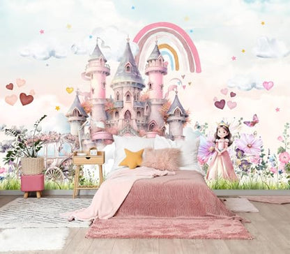 XMPMBM-Peel and Stick Princess Wallpaper Pink Cartoon Castle wall Mural | Thick and tear-resistant,Will not be damaged during repositioning,girly princess girls room wallpaper.S-80"X58" - color: M04, size: 80"x58"