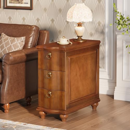 Tribesigns Wood Narrow End Table, Fully Assembled Walnut Nightstand | 3-Drawers Slim Side Table for Bedside, Small Spaces, Living Room, Bedroom, No Assembly Required - color: Walnut Brown