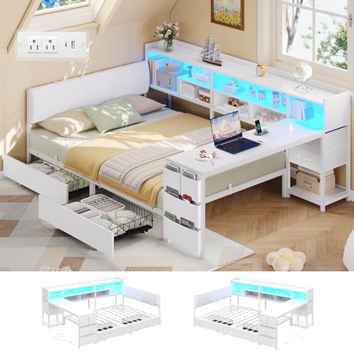 BYSAUD Corner Bed with Storage and Desk, Twin Bed Frame, Corner Bed Frame with 4 Drawers, 7 Bookcase, 1 Side Storage Bag, Upholstered Headboard, LED Lights, Charging Station, White - color: White, size: Twin Corner Bed