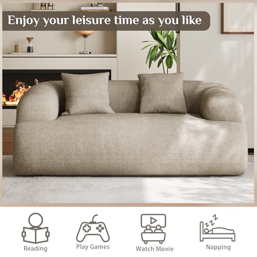75" Boneless Cloud Loveseat, Modern Cute Curved Chenille Sofa, 2 Seater Compression Couch with 2 Pillows, No Assembly Required for Apartment Living Room, Light Brown - color: Light Brown, size: 75''