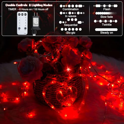 Valentines Day Decor, Red Love Heart String Lights for Bedroom, 12 Hearts 138 LED Fairy Twinkle Lights with Remote, 8 Lighting Modes Connectable Window Lights for Valentine's Day Wedding Home Decor