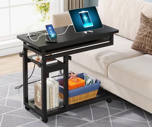 Tribesigns Small Portable Desk with Power Outlet, Height Adjustable Sofa Couch Bedside Laptop Table with Wheels, Mobile Standing Desk Rolling Computer Cart C Side Table with USB Ports - color: Black