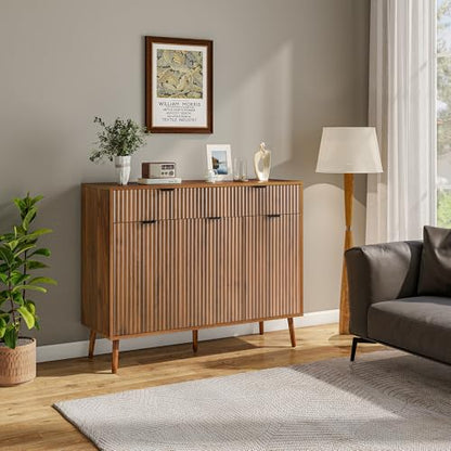 LYNCOHOME Fluted Sideboard Buffet Cabinet with Storage,2 Drawers and 3 Doors,Wood Coffee Bar Cabinet with Solid Wood Feet for Kitchen,Hallway - size: 15.8"D x 43.3"W x 34.7"H