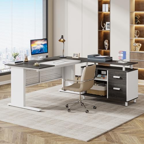 Tribesigns 63 Inch Executive Desk with File Cabinet, L Shaped Office Desk with Drawers and Storage Shelves, Business Furniture Set Workstation for Home Office, Gray and White - color: White and Gray