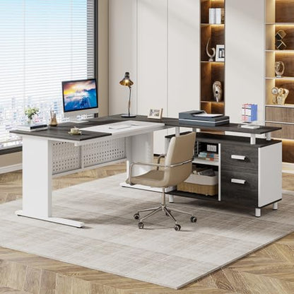 Tribesigns 63 Inch Executive Desk with File Cabinet, L Shaped Office Desk with Drawers and Storage Shelves, Business Furniture Set Workstation for Home Office, Gray and White - color: White and Gray