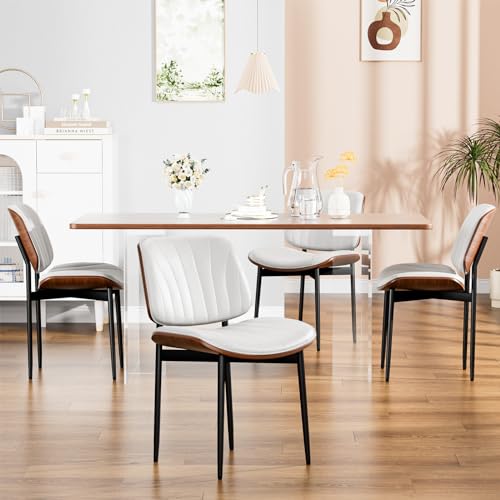 YaFiti Mid Century Dining Chairs Set of 2 with Walnut Bentwood, White | Ergonomic Walnut Backrest, Upholstered Waterproof PU Leather Seat, Stable Metal Legs, Adjustable Footpads, Apartment Friendly - color: White Scallop
