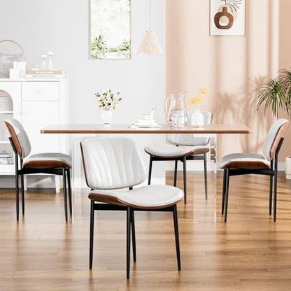 YaFiti Mid Century Dining Chairs Set of 2 with Walnut Bentwood, White | Ergonomic Walnut Backrest, Upholstered Waterproof PU Leather Seat, Stable Metal Legs, Adjustable Footpads, Apartment Friendly - color: White Scallop