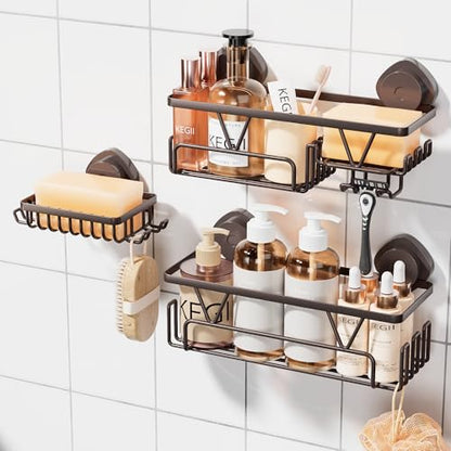KEGII Shower Caddy Suction Cup 3 Pack, Bathroom Organizer Shelf, Bronze | Removable Rustproof Stainless Steel Rack with Soap Holder and Hooks, No Drill Shower Storage for Shampoo and Bathroom Items