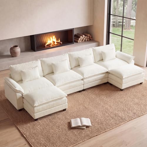 154" Modular Sectional Sofa, Comfy Deep Cloud Couch with Ottoman | U-Shaped Couches for Living Room, Modular Couch, Deep and Wide Seat, Chenille Sofa Sleeper with Throw Pillows, Beige White - color: Beige White, size: 154 Inch U