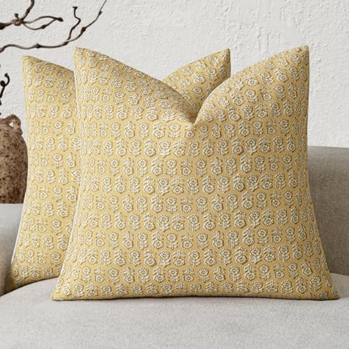 Foindtower Set of 2 Decorative Vintage Floral Print Throw Pillow Covers Neutral Modern Farmhouse Cushion Covers Boho Home Decor For Sofa Chair Couch Bedroom Living Room Outdoor,18×18 Inch,Light Yellow - color: Golden Cream, size: 18" x 18" (Pack of 2)