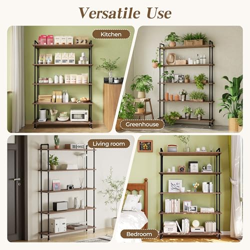 Industrial Bookshelf, Pipe Shelf Bookcase, 5 Tier, 48" Weathered Brown | Solid pine shelves, 48 inch wide, black pipe frame, 50 lbs per shelf, open bookcase for books, plants, office - color: Weathered Brown, size: 48"L × 70"H